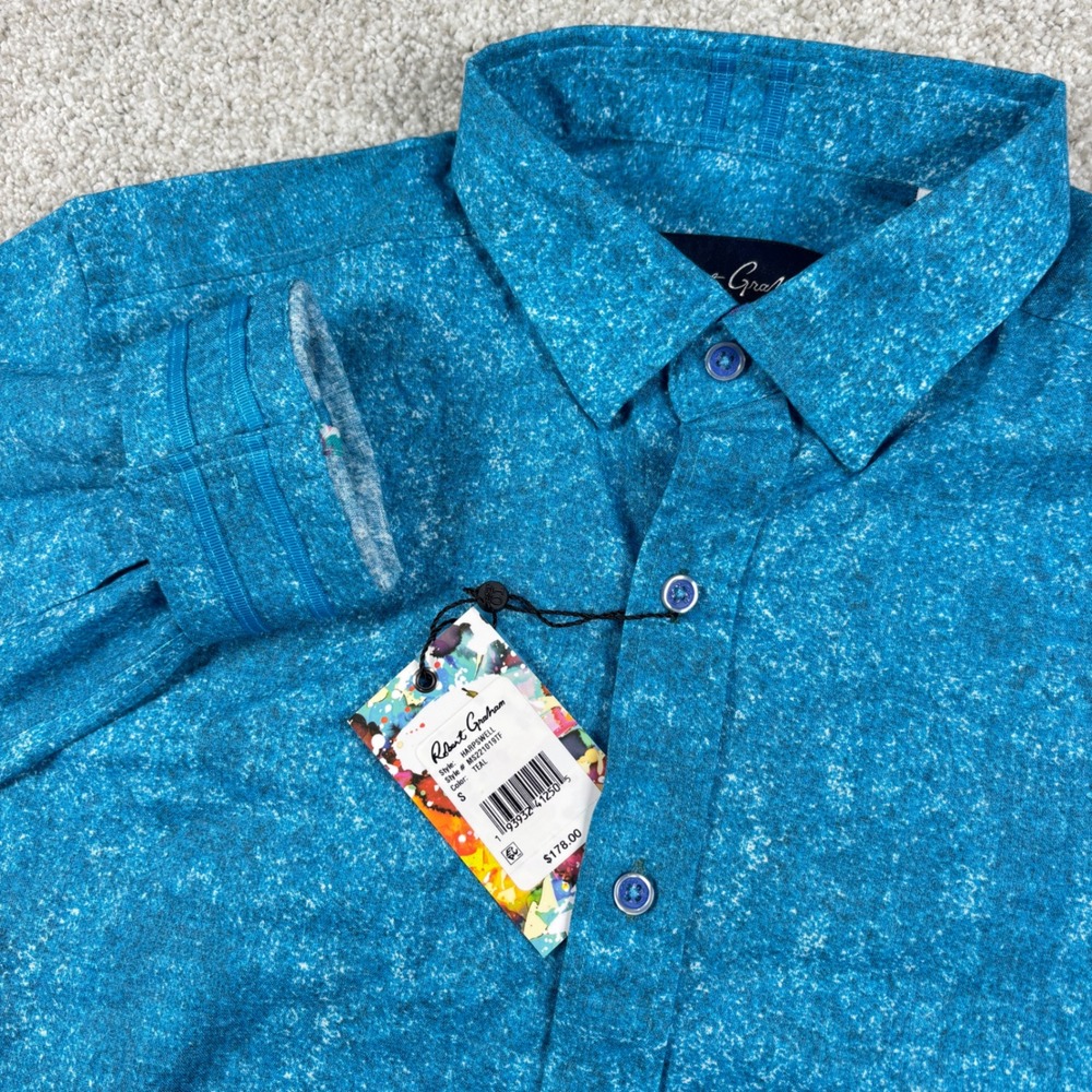 NEW Robert Graham Button Down Men Small Teal Harpswell Linen Blend